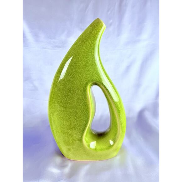 MCM Green Crackle Glaze Vase Ewer Pitcher w/Handle 12.5” Tall Vintage - Picture 3 of 10